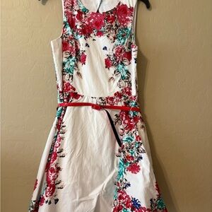bailey blue White Floral Midi Dress with Red and Teal Accents
